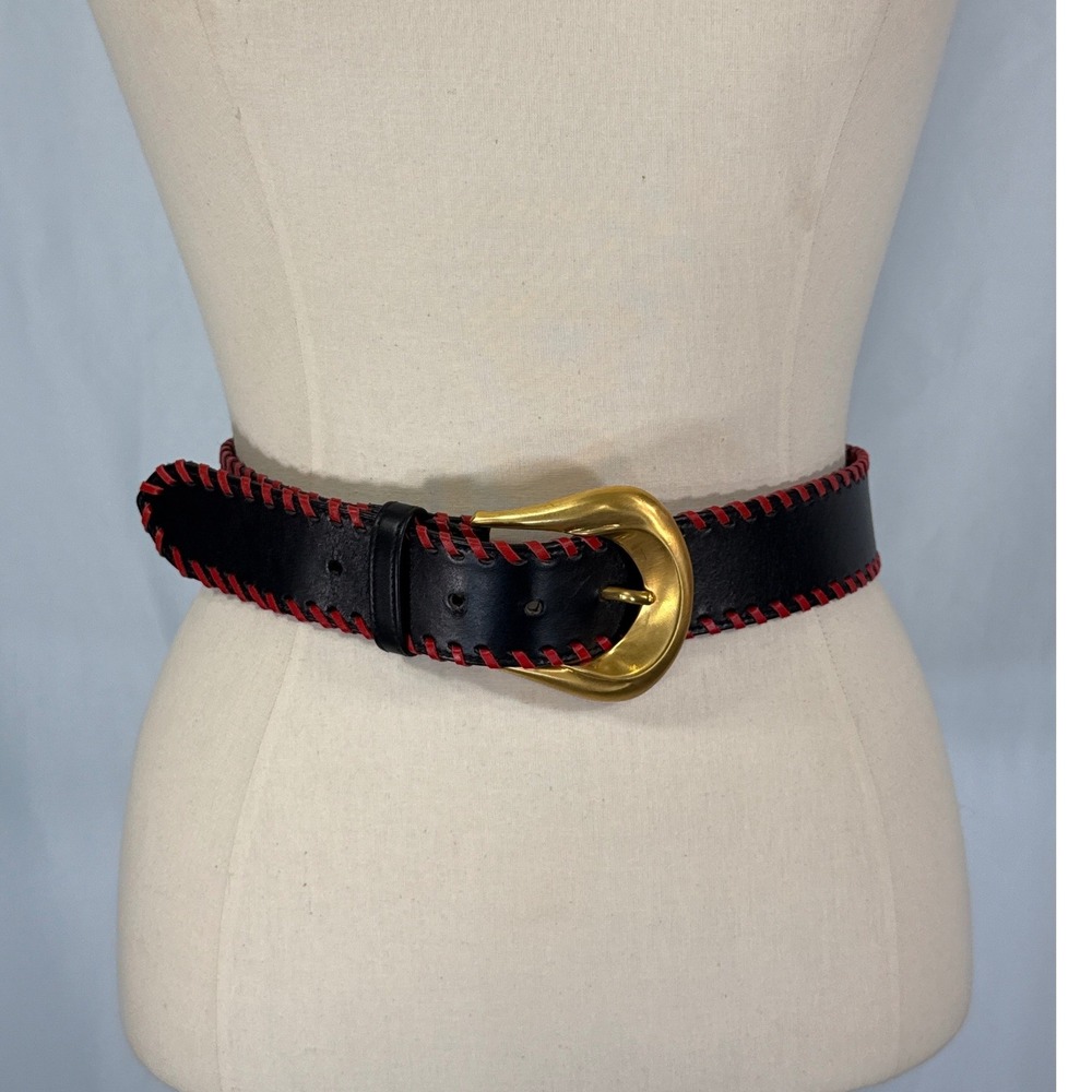 Laurel Vintage Black Leather Red Whipstitch Belt Gold Buckle Italy fits 27-31"